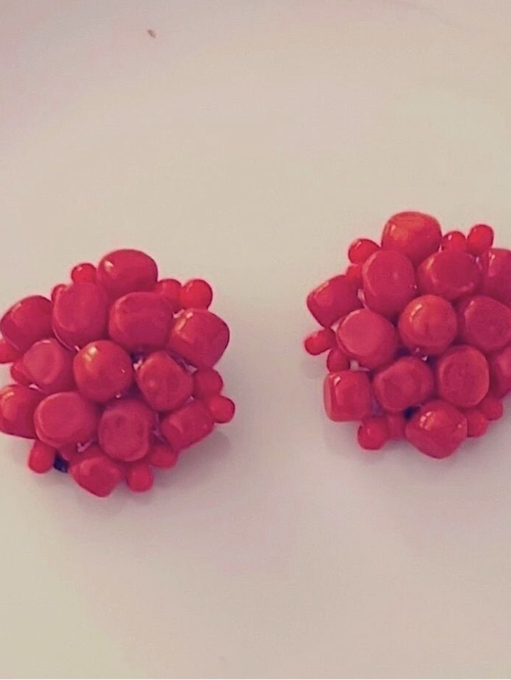 Tomato Red Beaded Cluster Earrings Clip On Tomato Red True Red Nickel Sized